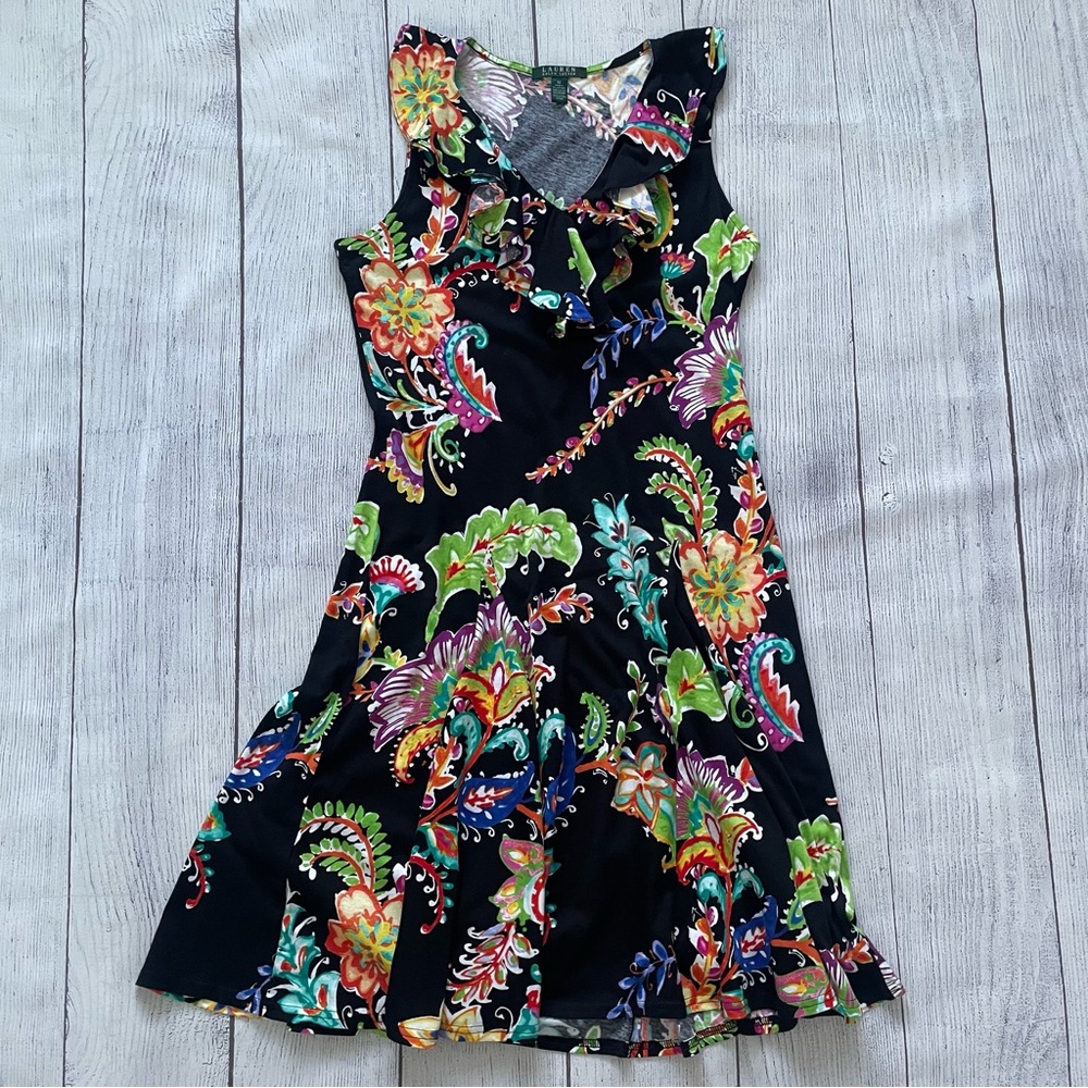 Ralph Lauren Black Floral Ruffle Sleeveless Dress Size Medium